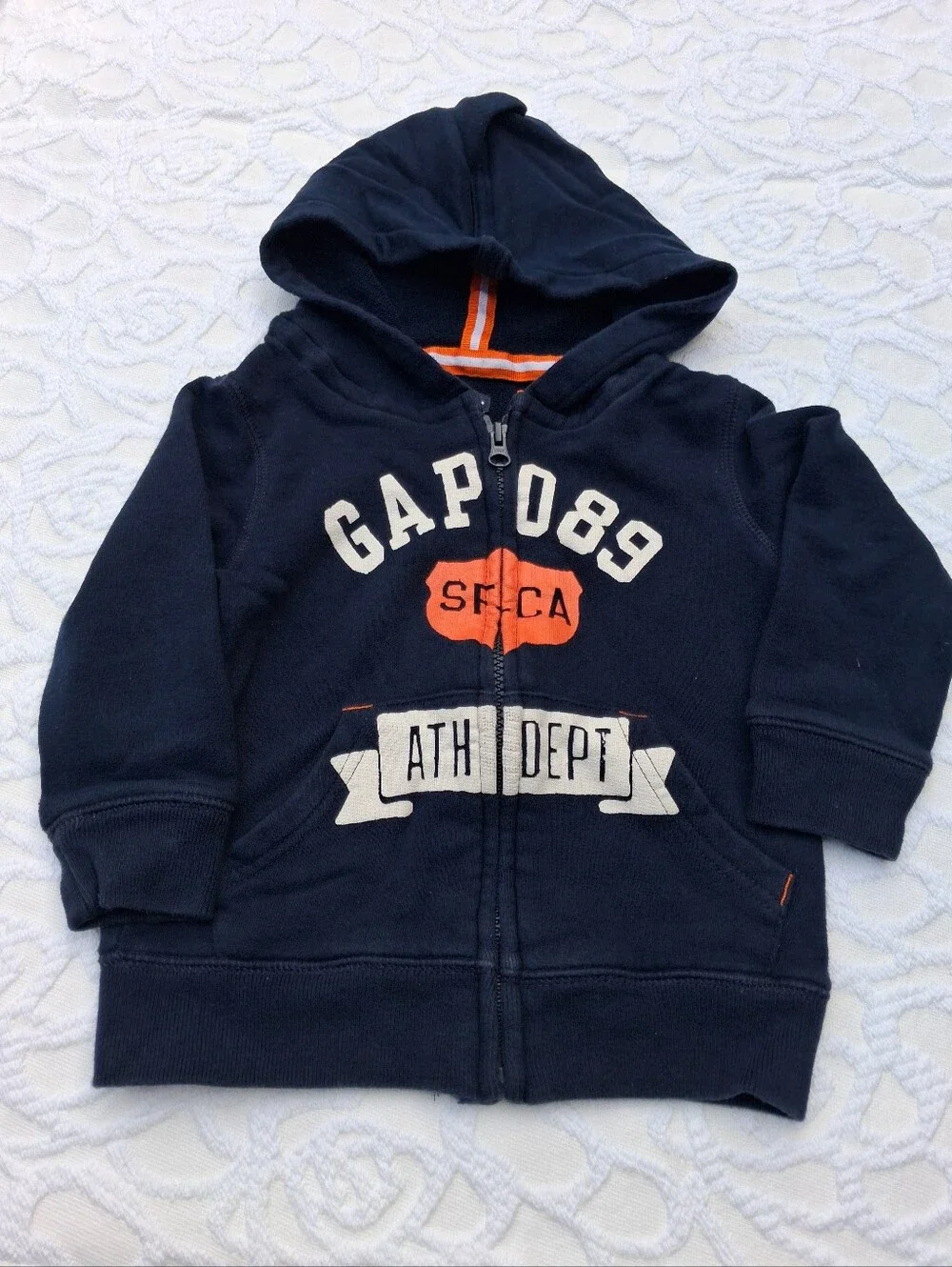 GAP Navy Blue Kids Zip Hoodie with Orange and White Accents